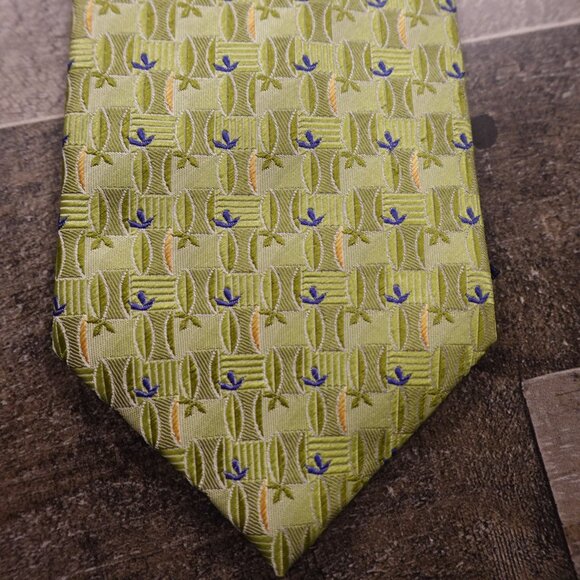 Bugatchi Uomo Silk Tie Made in Italy Green Blue Leaf Geometric Pattern - Picture 2 of 7